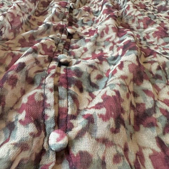 Zara maroon and cream floral sheer blouse with smocked collar and sleeves - Picture 6 of 9